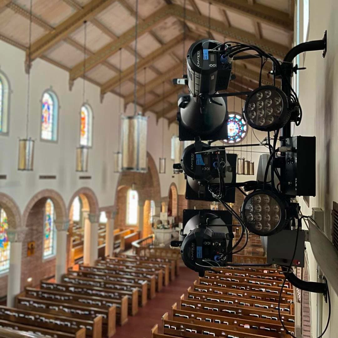 Theatrical PAR and ellipsoidal lights in a house of worship